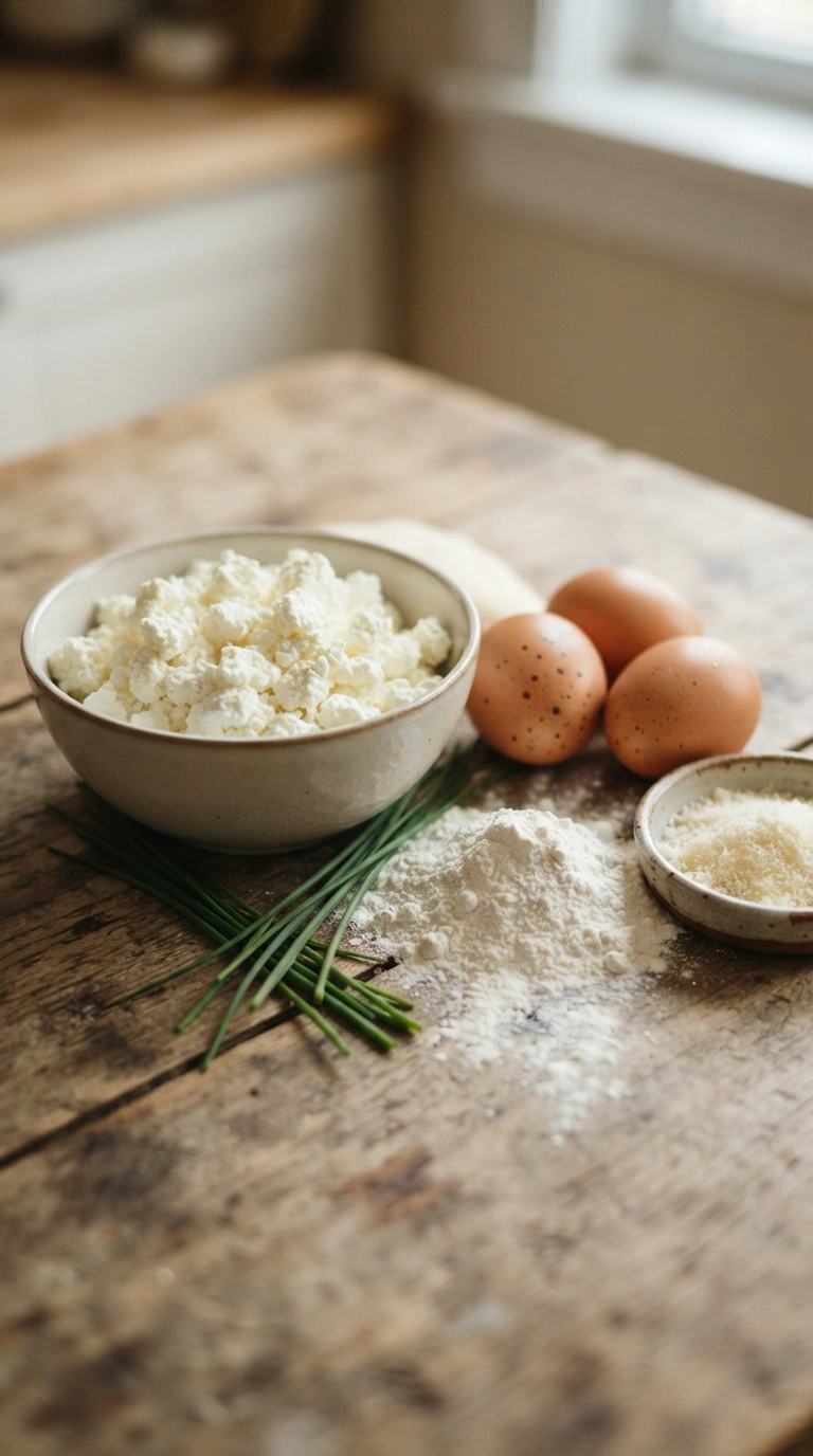 Zutaten für Hüttenkäse Bratlinge: Hüttenkäse, Eier, Mehl und Schnittlauch