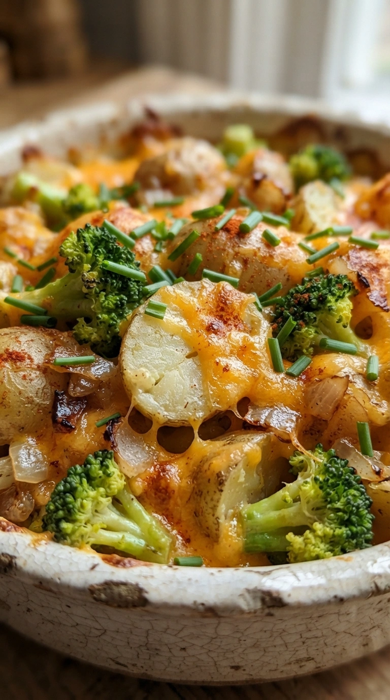 Kartoffel-Brokkoli-Gratin mit Käse in einer weißen Auflaufform, darunter cremige Kartoffelschichten und grüner Brokkoli.
