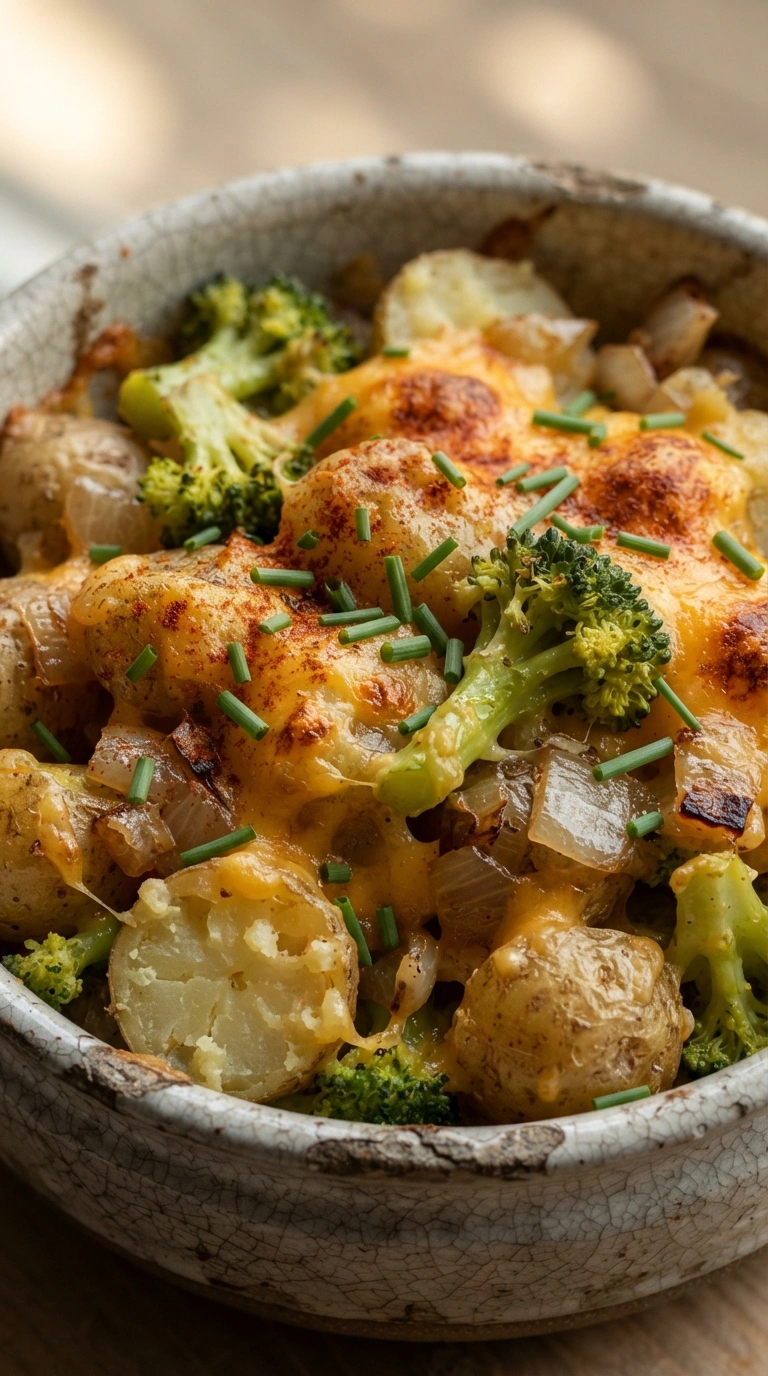 Löffel hebt eine Portion Kartoffel-Brokkoli-Gratin aus der Form, Käsefäden ziehen sich zwischen den Kartoffel-Brokkoli-Schichten.