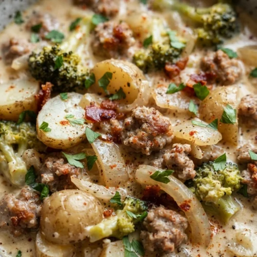Herzhafte Kartoffel-Brokkoli-Pfanne mit Wurst in einer gusseisernen Pfanne, cremige Sauce mit Cabanossi-Scheiben und Petersilie.
