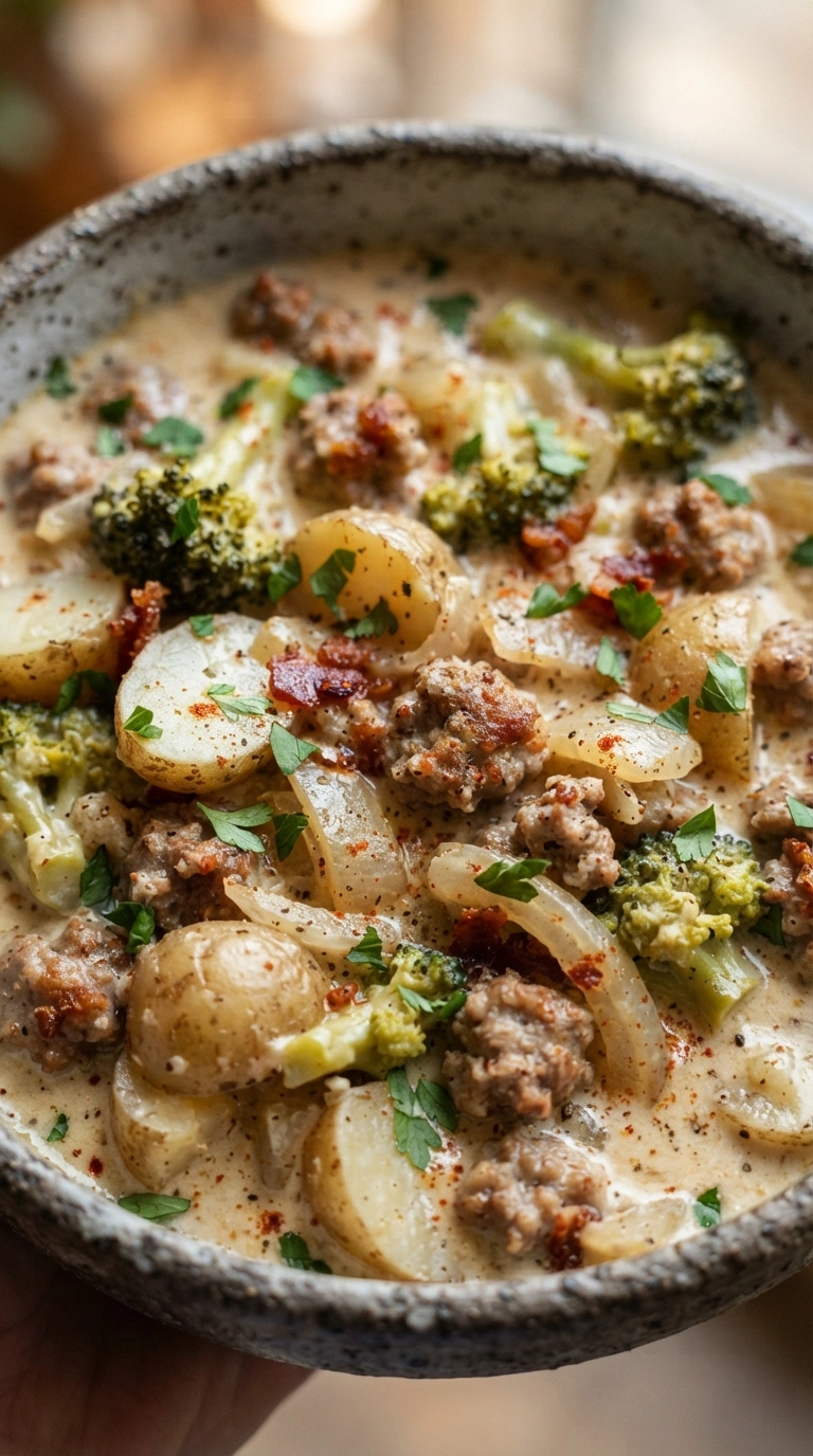Herzhafte Kartoffel-Brokkoli-Pfanne mit Wurst in einer gusseisernen Pfanne, cremige Sauce mit Cabanossi-Scheiben und Petersilie.