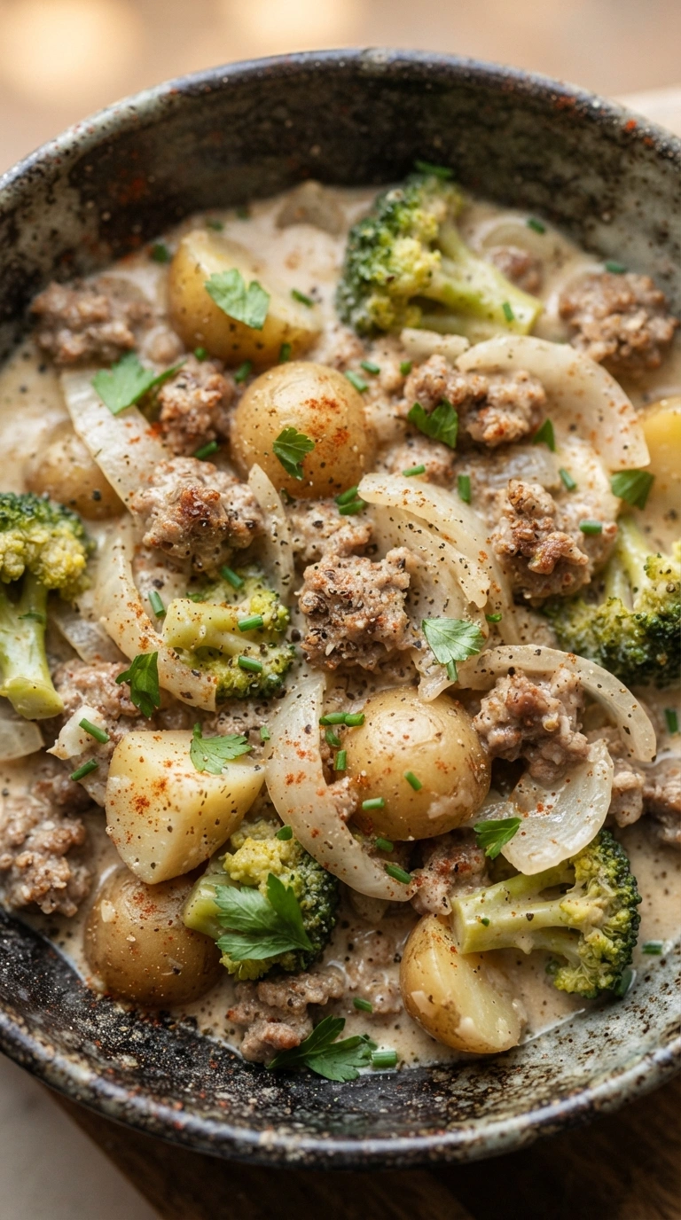 Holzlöffel mit Kartoffel-Brokkoli-Pfanne und Wurststück, cremige Sauce umhüllt Kartoffeln, Brokkoli und Cabanossi-Scheiben.