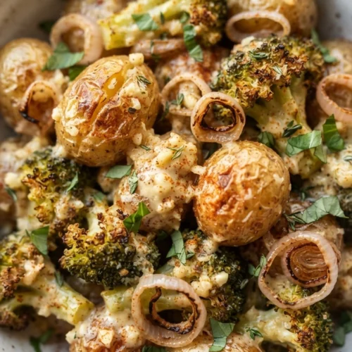 Knusprige Knoblauch-Parmesan-Kartoffeln mit Brokkoli auf einem Backblech, goldbraun gebacken mit Käsekruste und Kräutern.