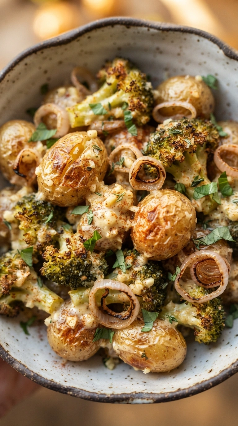 Knusprige Knoblauch-Parmesan-Kartoffeln mit Brokkoli auf einem Backblech, goldbraun gebacken mit Käsekruste und Kräutern.