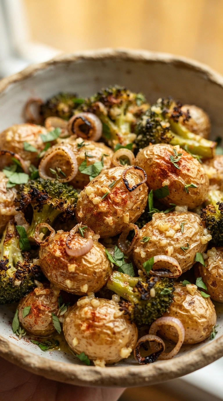 eller mit Knoblauch-Parmesan-Kartoffeln und Brokkoli, garniert mit Zitronenscheiben und frischer Petersilie, serviert mit Salat.