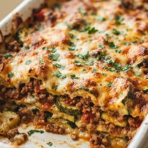 Zucchini Hackfleisch Auflauf - Zucchini-Hackfleisch-Auflauf frisch aus dem Ofen in der Auflaufform