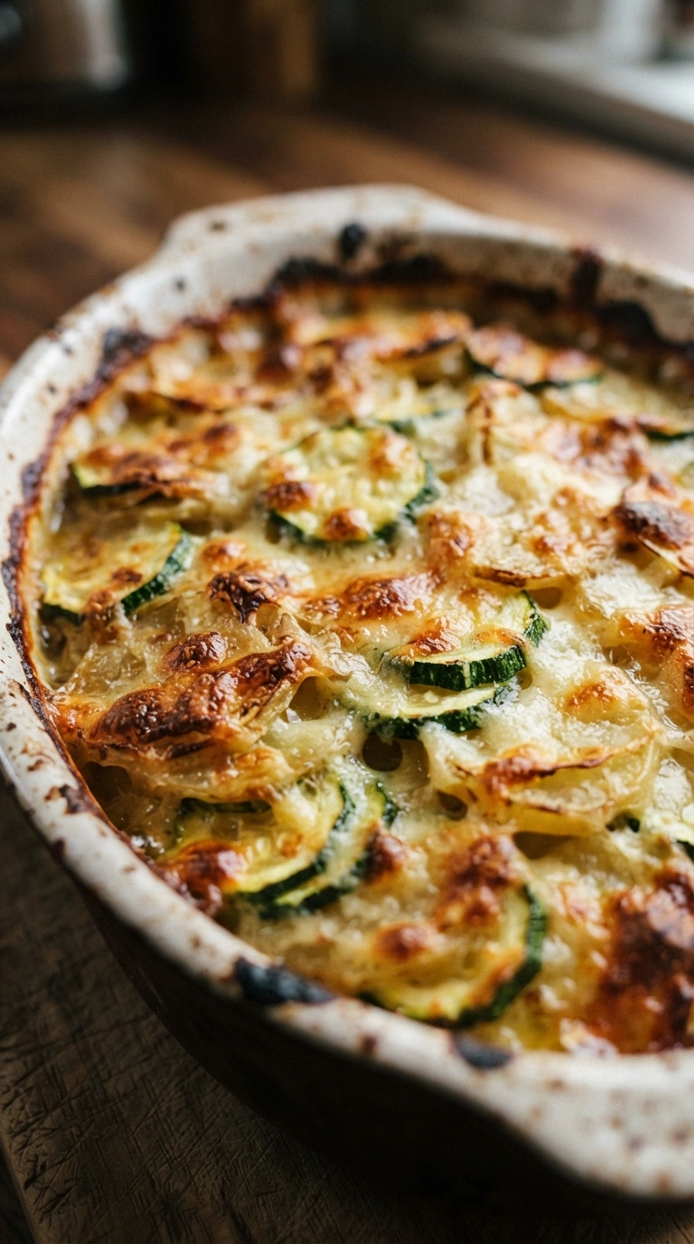 Fertiger Zucchini Kartoffel Gratin - Zucchini-Kartoffel-Gratin mit knuspriger Käsekruste, serviert und zum Verzehr bereit