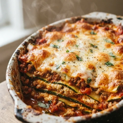 Zucchini Lasagne Low Carb - Low Carb Zucchini-Lasagne frisch aus dem Ofen in der Auflaufform