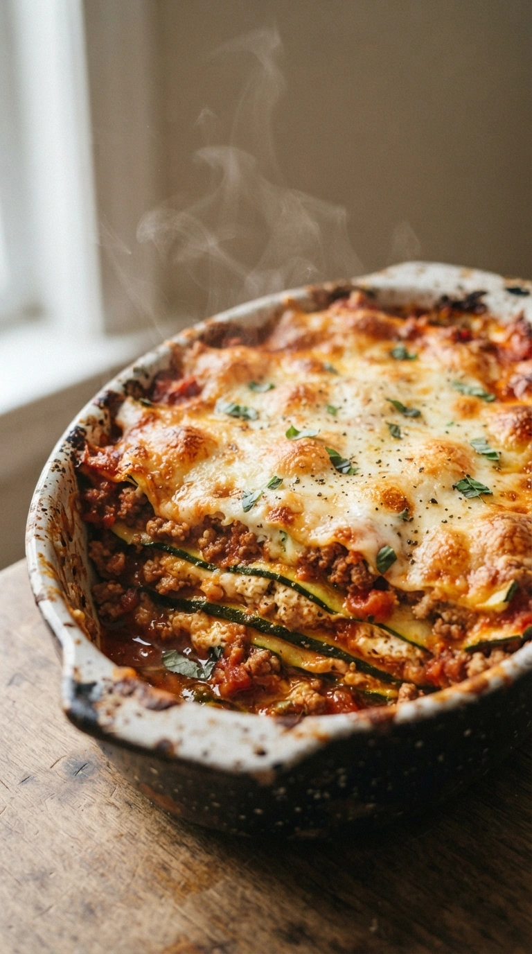 Zucchini Lasagne Low Carb - Low Carb Zucchini-Lasagne frisch aus dem Ofen in der Auflaufform