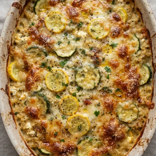 Zucchini Reis Auflauf - Zucchini-Reis-Auflauf mit Hüttenkäse frisch aus dem Ofen in der Auflaufform
