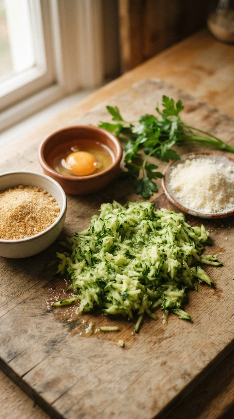 Zutaten für Zucchini Bällchen: geriebene Zucchini, Ei, Käse und Semmelbrösel