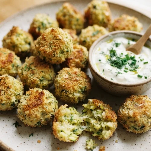 Zucchini Bällchen aus dem Ofen mit Kräuter-Joghurt-Dip