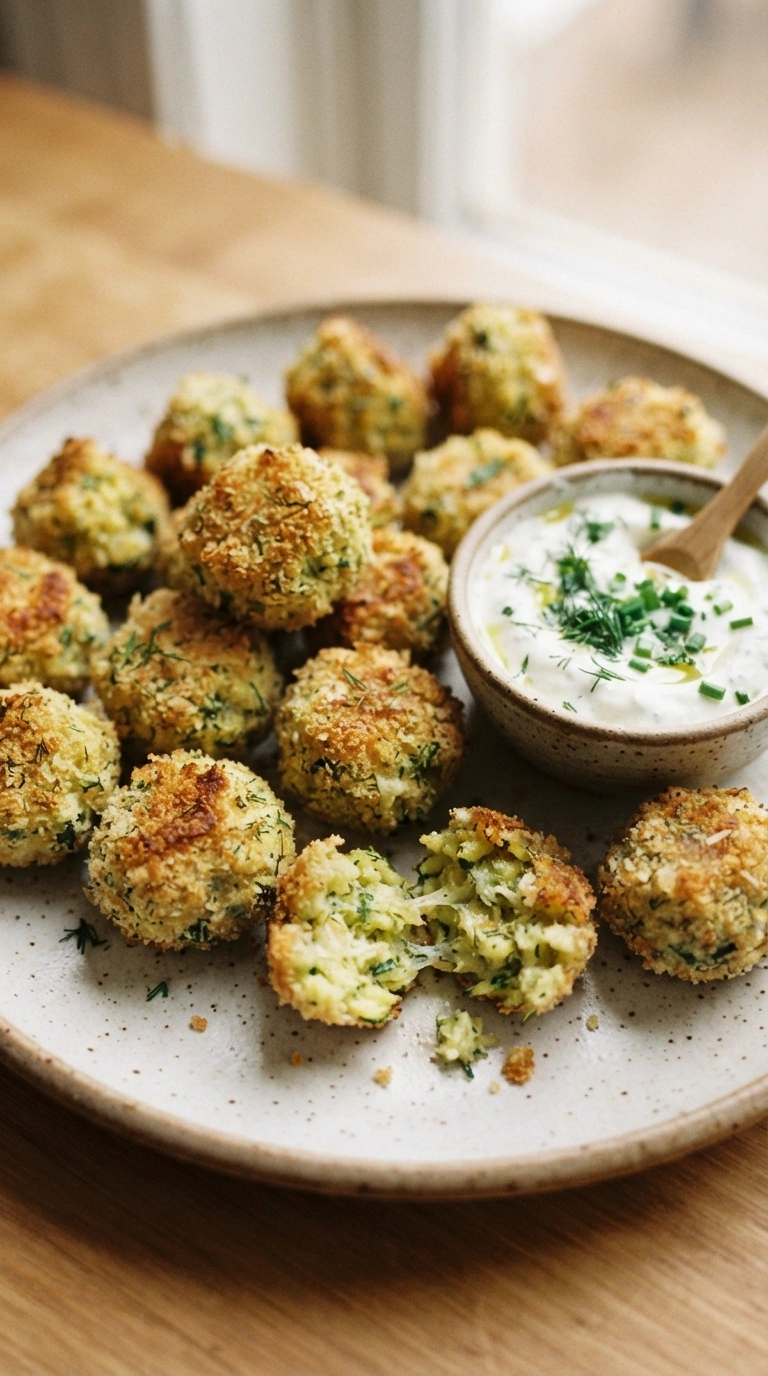 Zucchini Bällchen aus dem Ofen mit Kräuter-Joghurt-Dip