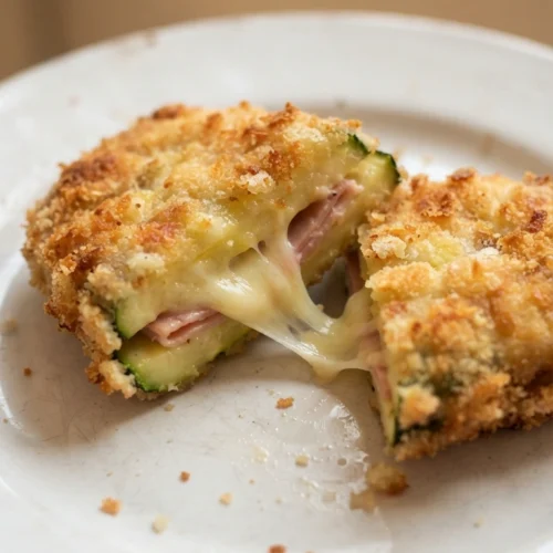 Zucchini Cordon Bleu aufgeschnitten mit geschmolzenem Käse und Putenschinken