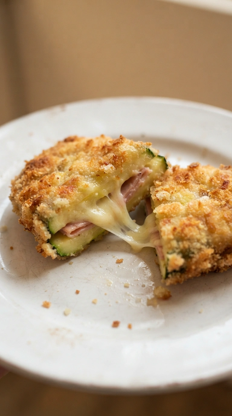 Zucchini Cordon Bleu aufgeschnitten mit geschmolzenem Käse und Putenschinken