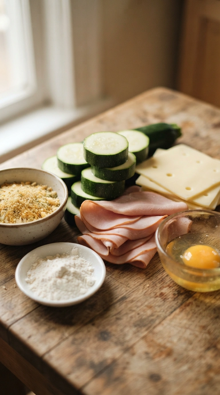 Zutaten für Zucchini Cordon Bleu: Zucchinischeiben, Käse, Putenschinken und Panade