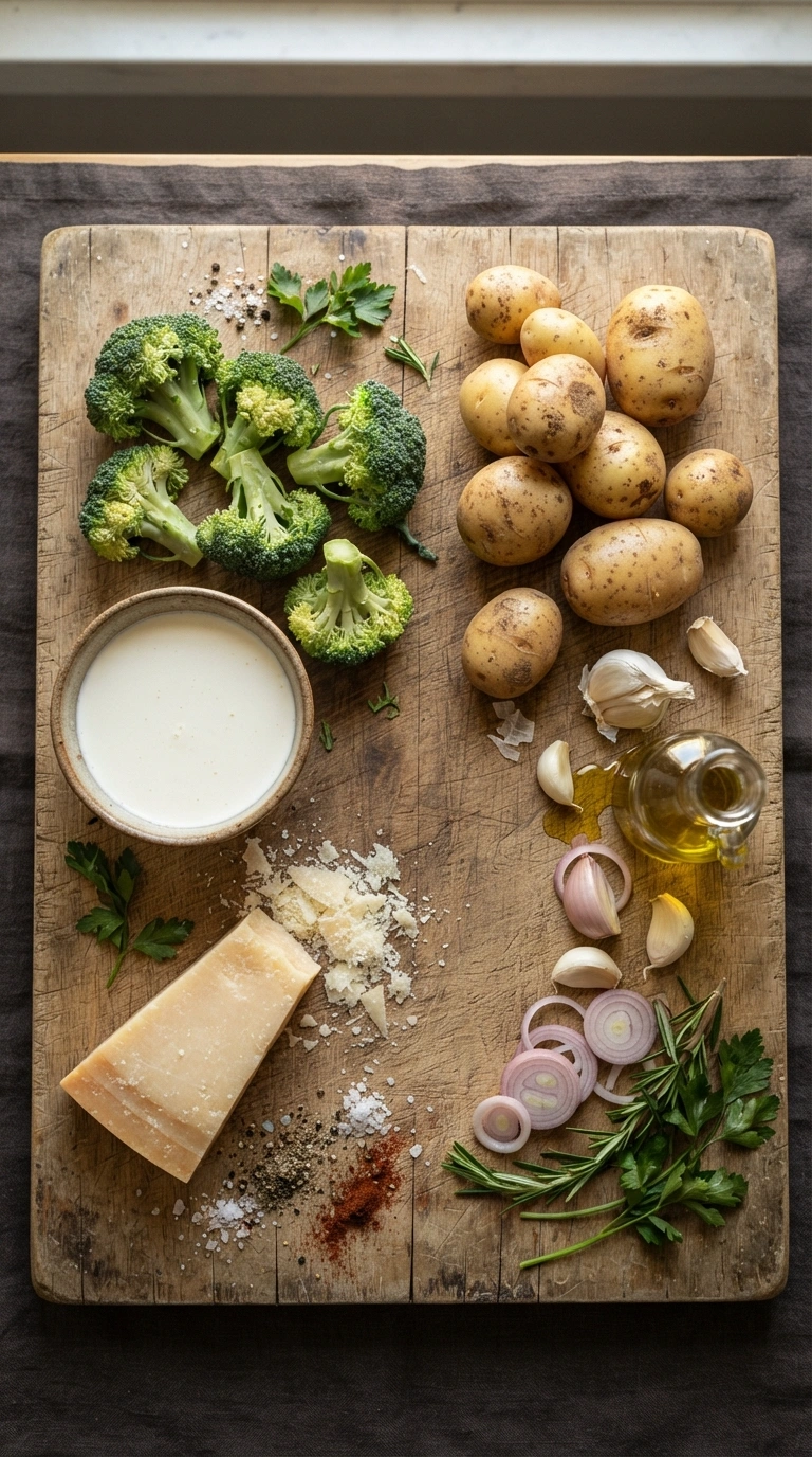 Zutaten für Ofenkartoffeln mit Brokkoli: Kartoffelwürfel, Brokkoli, Parmesan, Knoblauch, Olivenöl, Oregano und Paprika.