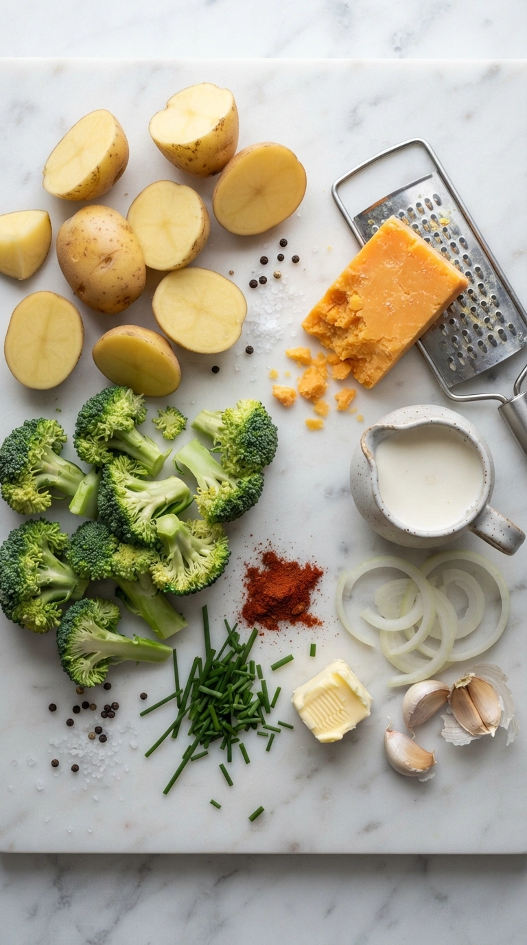 Zutaten für Kartoffel-Brokkoli-Gratin: Kartoffelscheiben, Brokkoli-Röschen, Sahne, Milch, geriebener Käse, Butter und Muskatnuss.