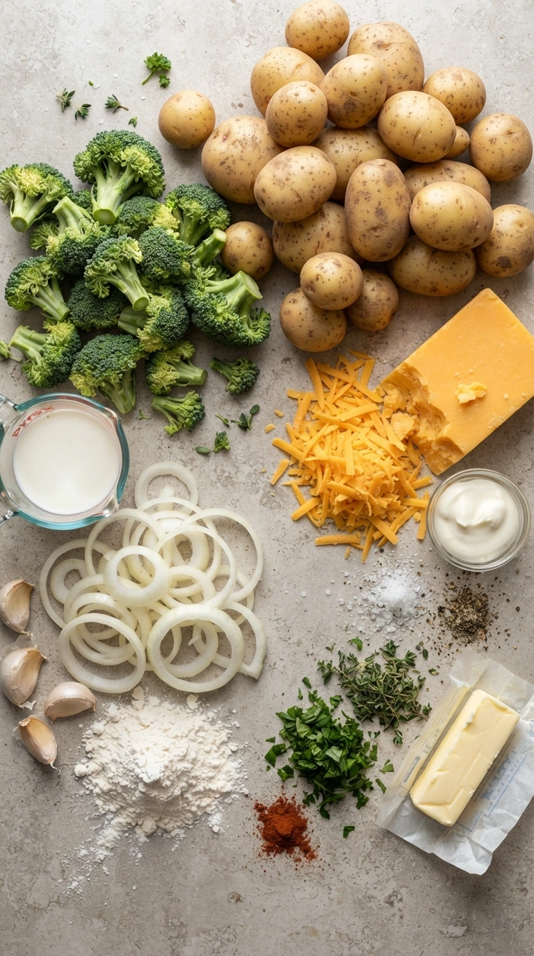 Zutaten für Brokkoli-Kartoffel-Auflauf mit Cheddar: Kartoffelscheiben, Brokkoli, Cheddar-Stück, Sahne, Milch, Butter und Muskatnuss.