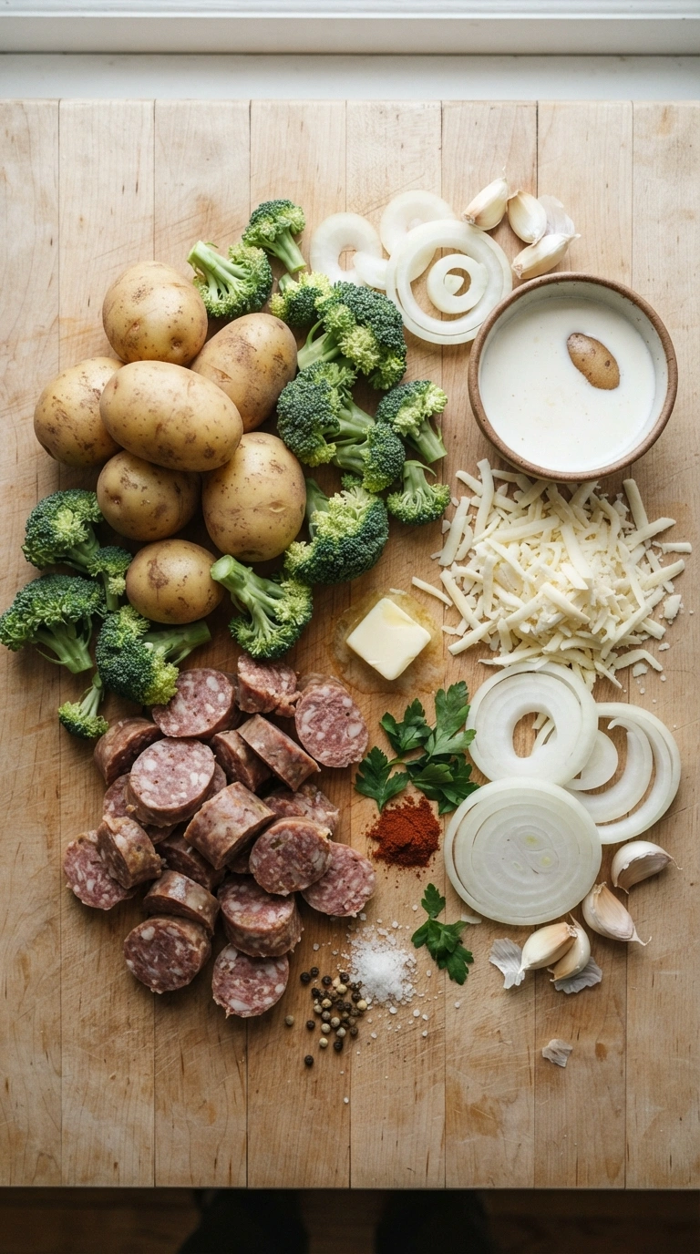 Zutaten für Kartoffel-Brokkoli-Pfanne mit Wurst: Babykartoffeln, Brokkoli, Cabanossi-Wurst, Zwiebel, Sahne, Käse und Senf.
