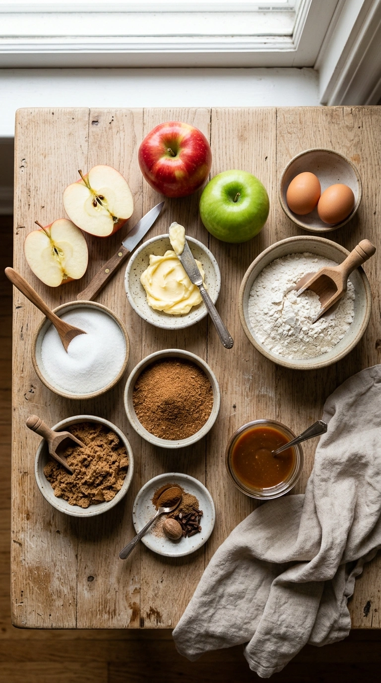 Zutaten für Apfelkekse mit Karamell: Äpfel, Butter, Zucker, Gewürze und Karamellsauce