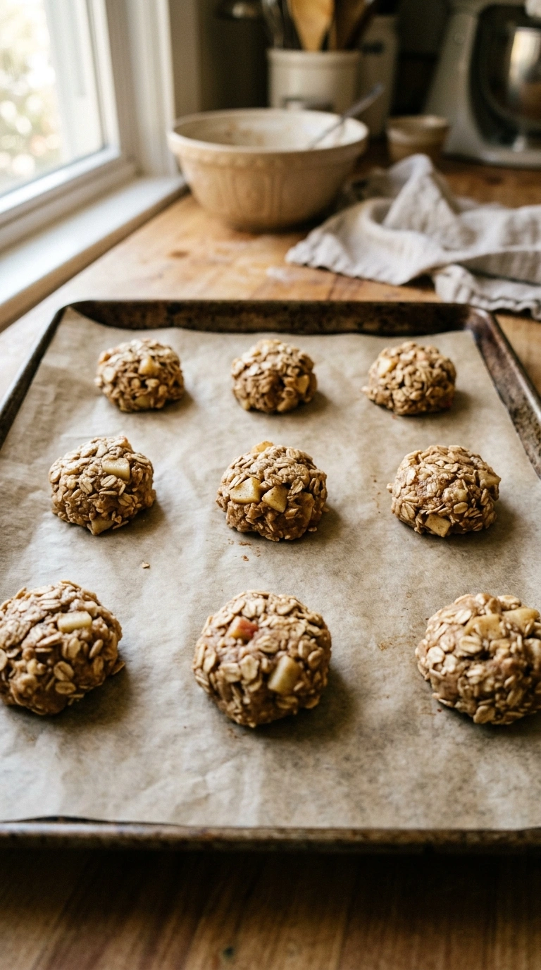Rohe Kekskugeln mit Hafer und Apfel auf einem Backblech vor dem Backen