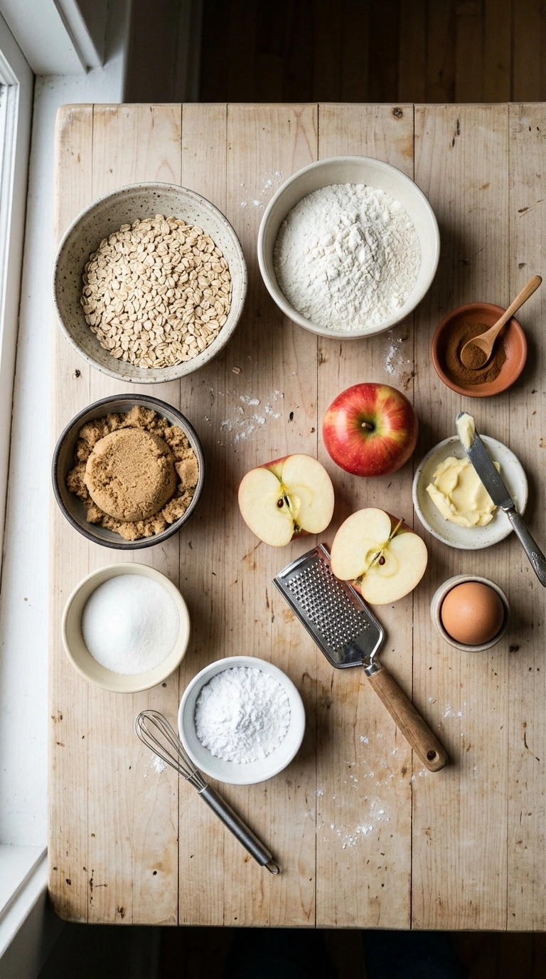 Zutaten für Haferkekse mit Apfel: Haferflocken, Äpfel, Butter, Zucker und Zimt