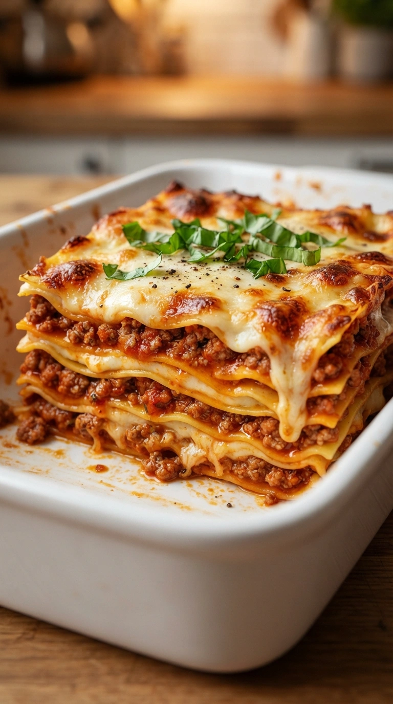 Ein Stück klassische Lasagne wird mit einem Pfannenwender aus der Form gehoben