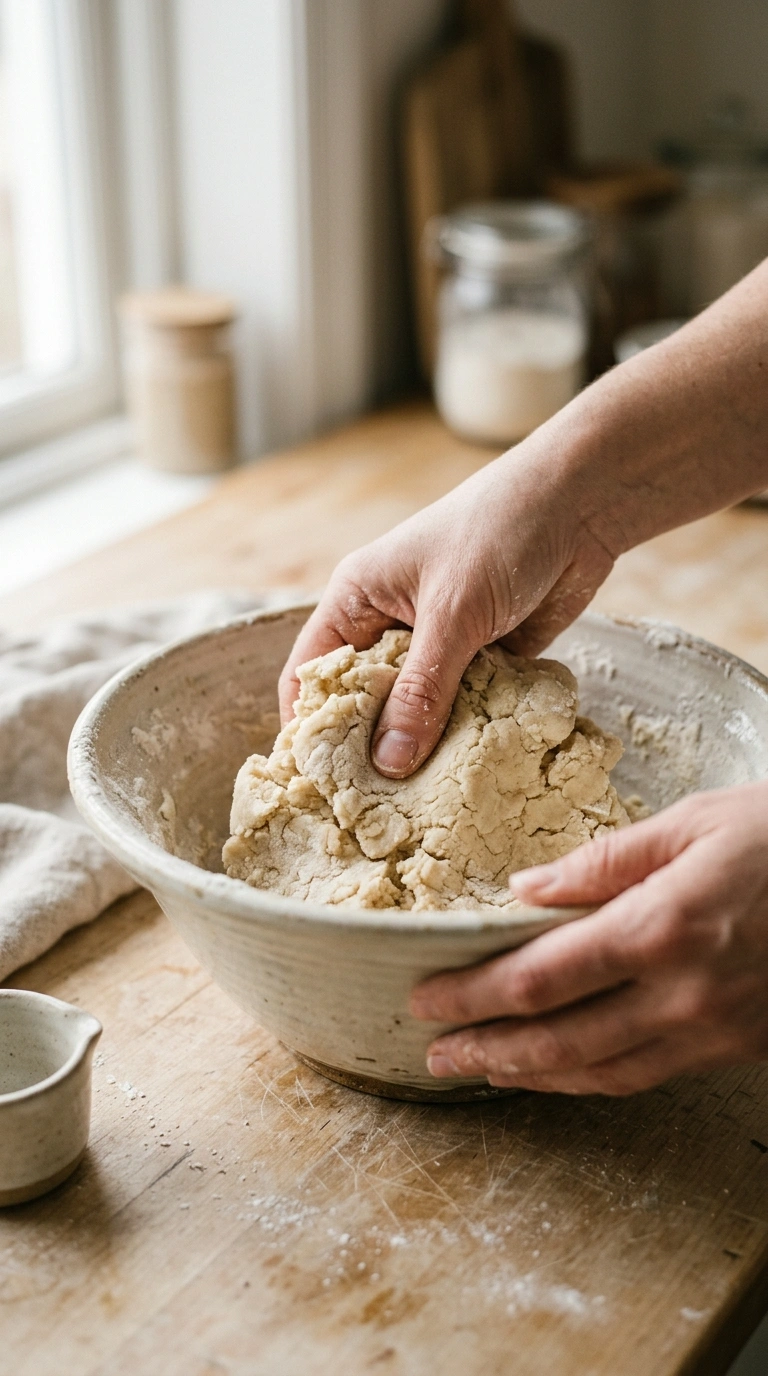 Hände kneten veganen Plätzchenteig in einer Schüssel