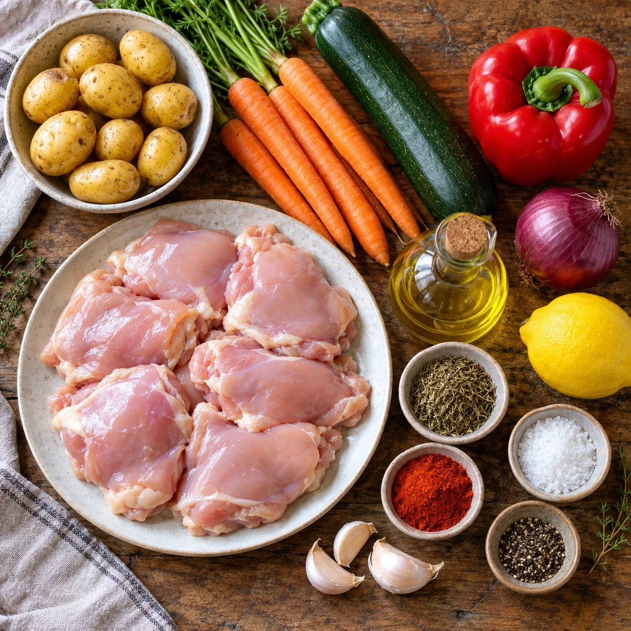 Zutaten für Blechhähnchen mit Ofengemüse und Zitronen-Kräutern übersichtlich auf heller Küchenarbeitsplatte
