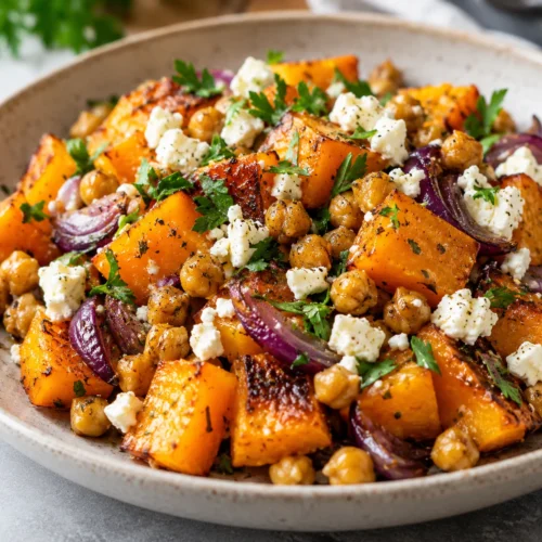 Butternut Kürbis Rezept mit goldenen Kichererbsen, weißem Feta und Petersilie auf schlichtem Keramikteller