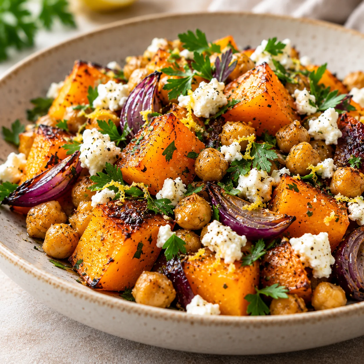Serviertes Butternut-Blechgemüse mit gebräunten Kürbisstücken, Kichererbsen und zerbröseltem Feta