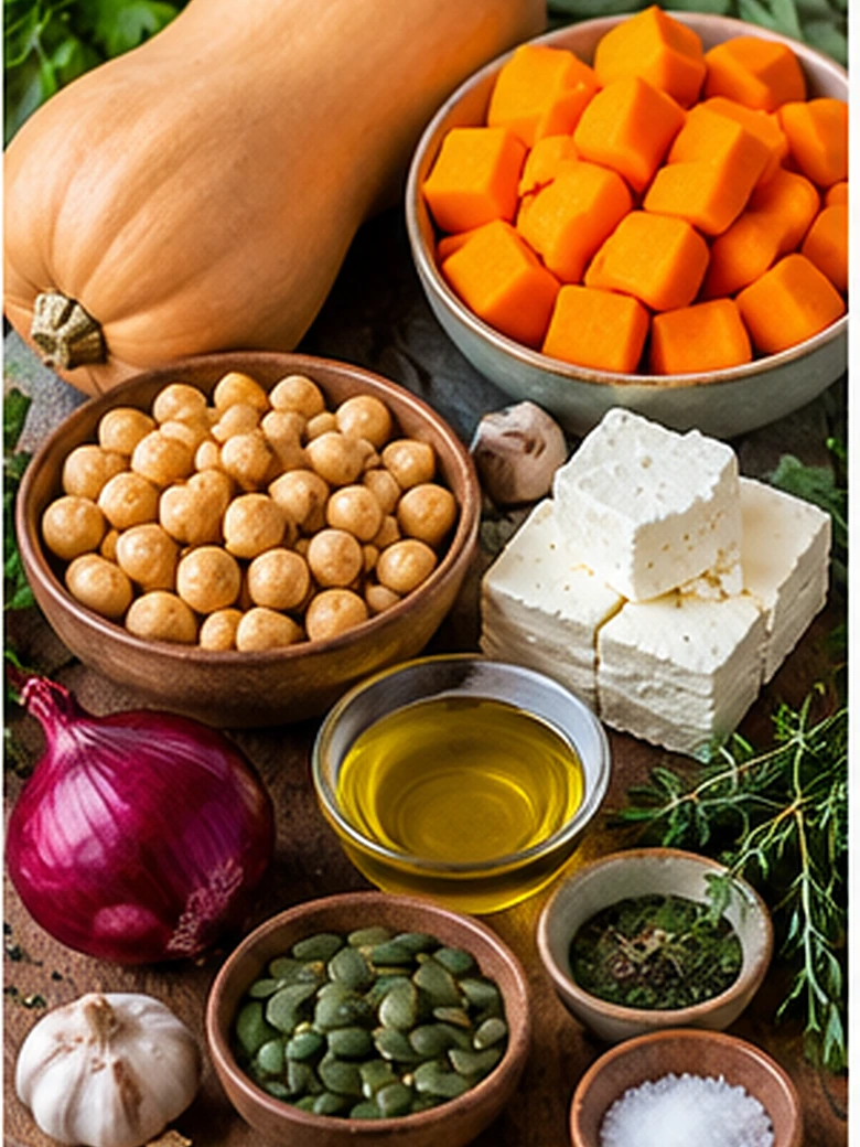 Butternut-Kürbis, Kichererbsen, Feta, rote Zwiebel, Olivenöl, Zitrone, Petersilie und Gewürze für das Ofengericht