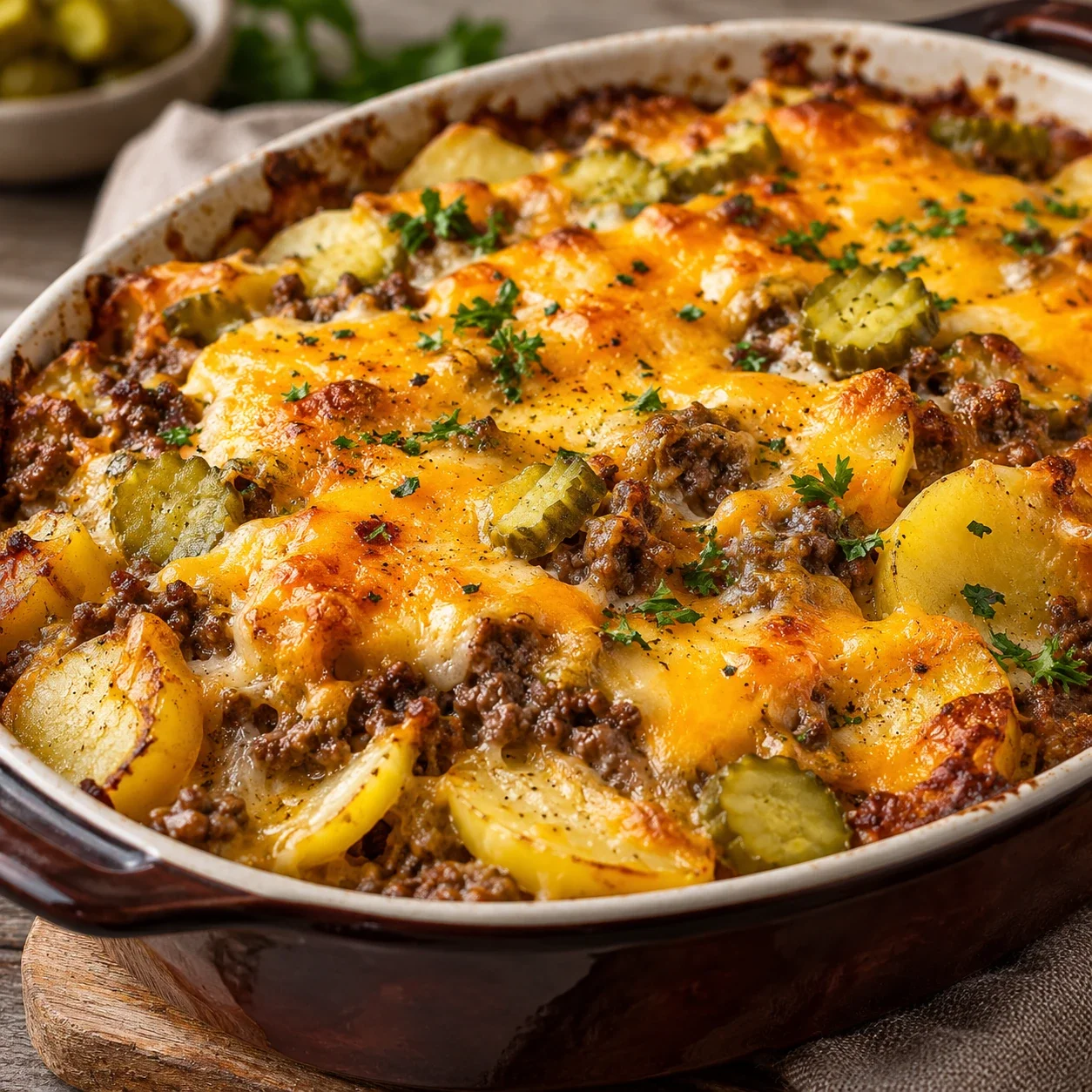 Cheeseburger-Auflauf mit Kartoffeln und Rinderhack
