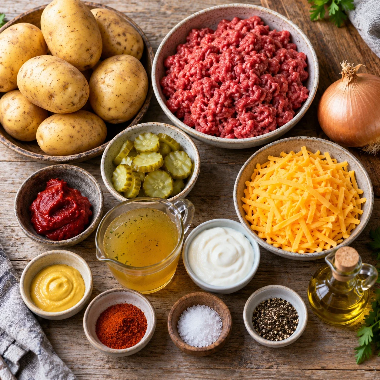 Zutaten für Cheeseburger-Auflauf mit Kartoffeln und Rinderhack übersichtlich auf heller Küchenarbeitsplatte
