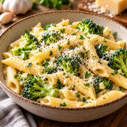 Cremige Brokkoli-Pasta mit Knoblauch und Parmesan fertig zubereitet in einer professionellen Nahaufnahme mit schlichtem Hintergrund