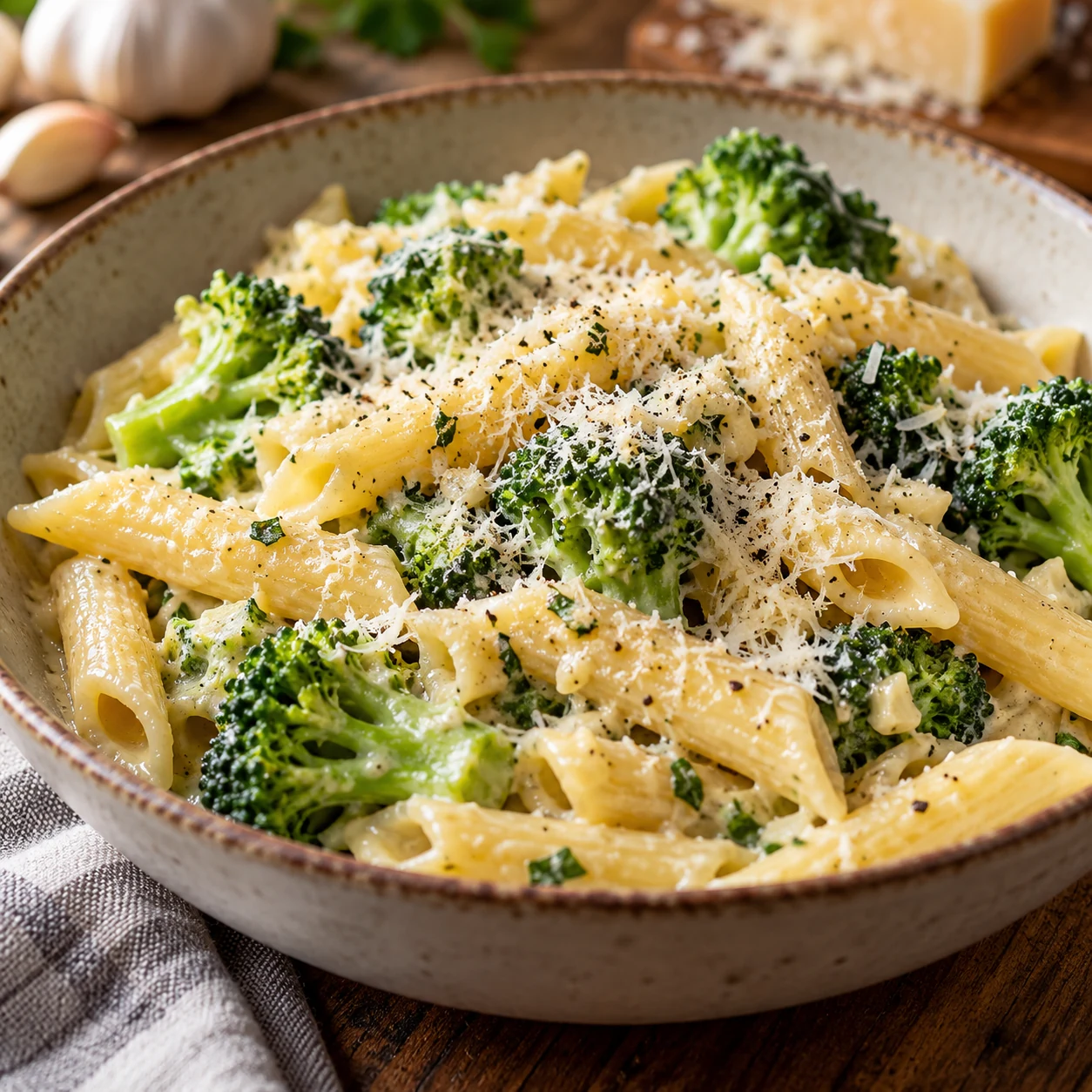 Cremige Brokkoli-Pasta mit Knoblauch und Parmesan auf einem Teller serviert mit klar erkennbarem Rezeptbelag