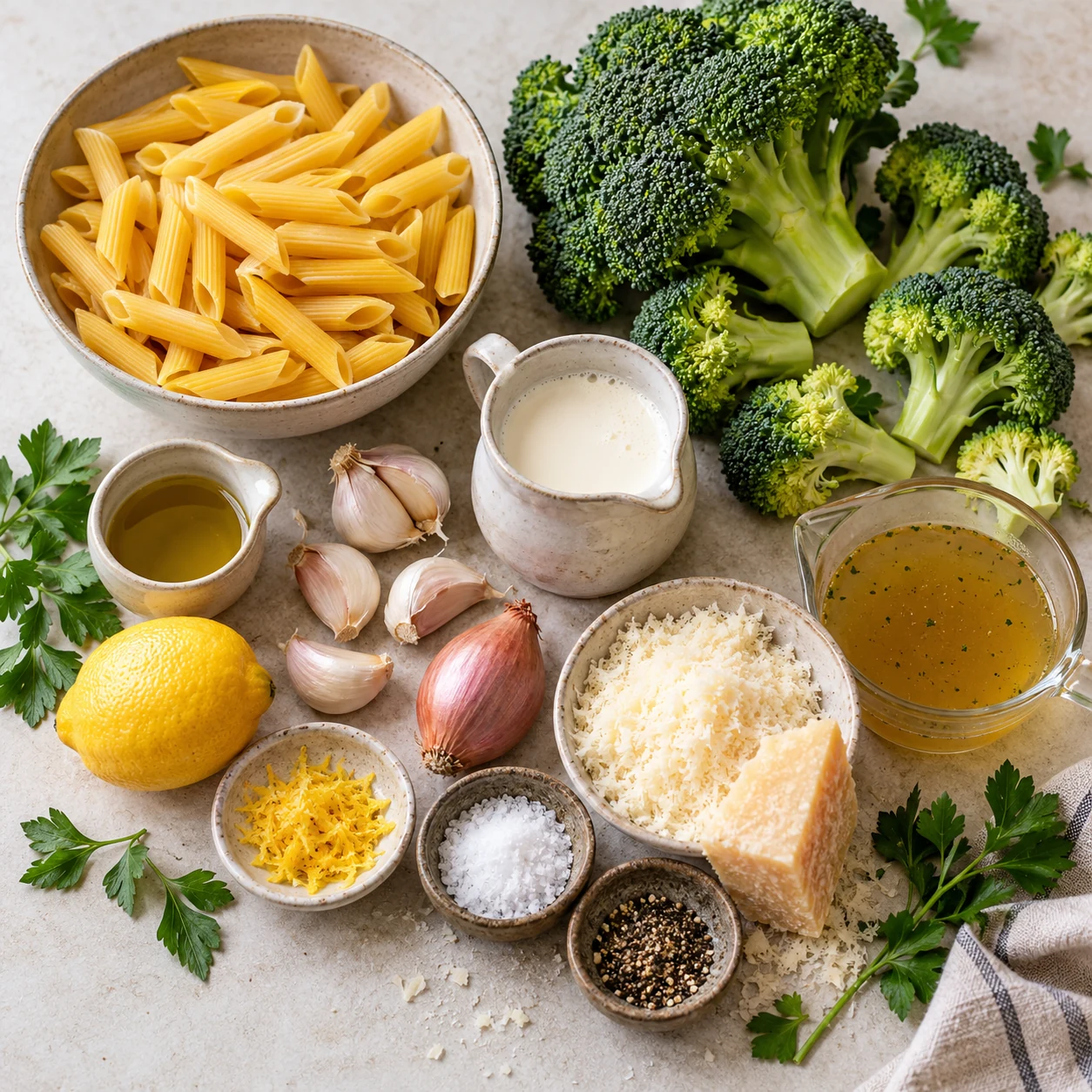Zutaten für Cremige Brokkoli-Pasta mit Knoblauch und Parmesan sorgfältig auf einer hellen Küchenfläche angeordnet