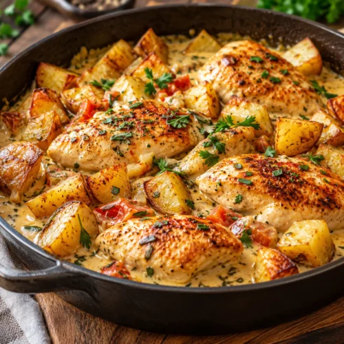 Cremige Hähnchen-Pfanne mit knusprigen Kartoffeln frisch angerichtet, appetitliche Nahaufnahme auf einem schlichten Teller
