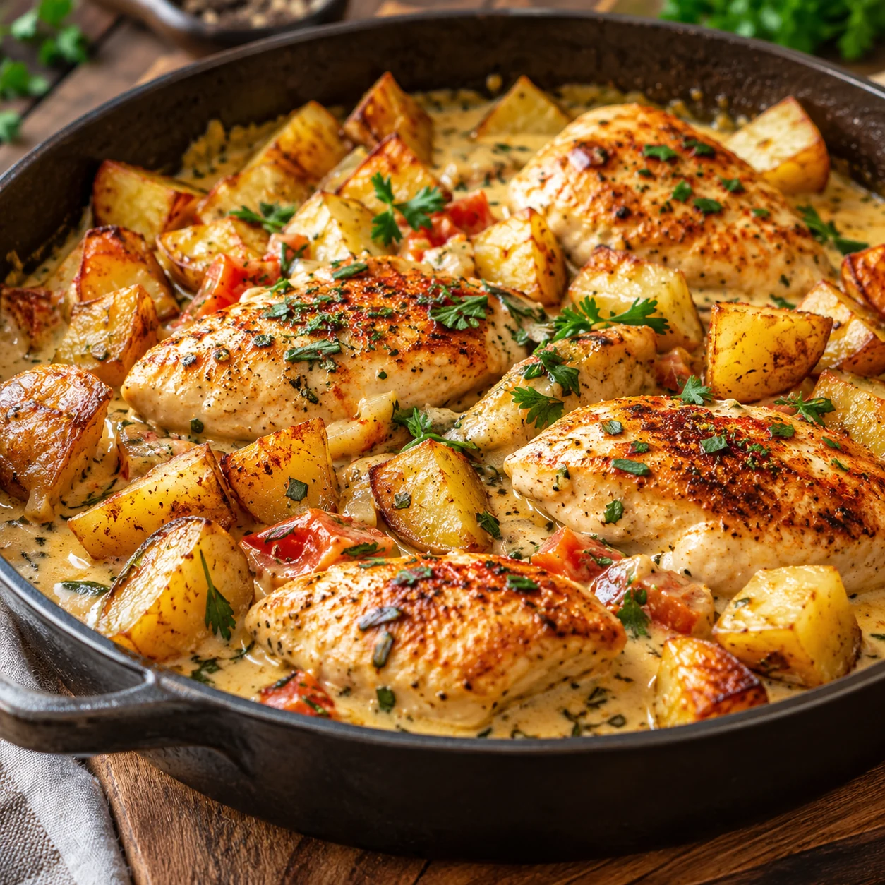 Cremige Hähnchen-Pfanne mit knusprigen Kartoffeln frisch angerichtet, appetitliche Nahaufnahme auf einem schlichten Teller