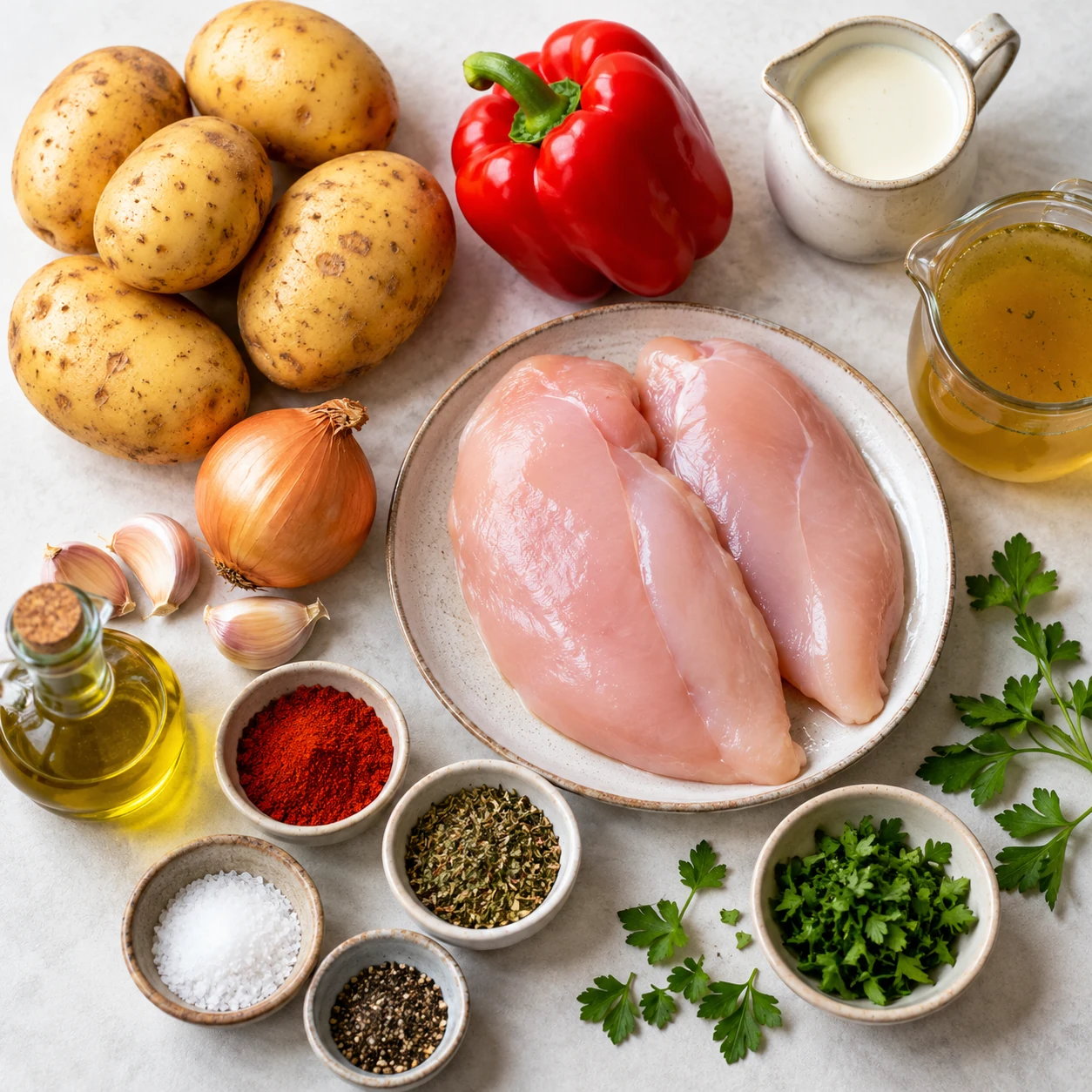 Zutaten für Cremige Hähnchen-Pfanne mit knusprigen Kartoffeln übersichtlich auf einer hellen Arbeitsfläche