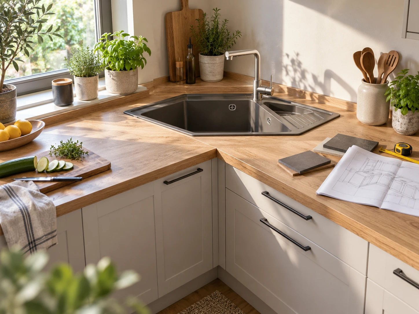 Maß- und Planungsübersicht zu Eckwaschbecken für die Küche: Eckspüle clever planen