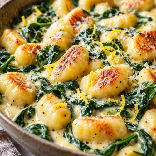 Goldbraun angebratene Gnocchi in cremiger Zitronensauce mit Babyspinat und Parmesan in einer Keramikschale
