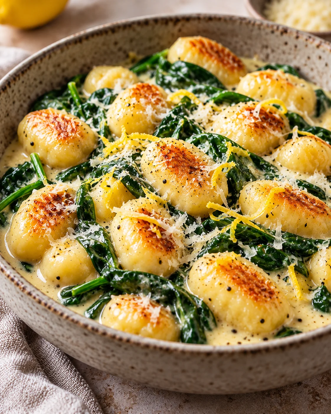Servierte Gnocchi-Pfanne mit Spinat, goldbraunen Gnocchi, cremiger Sauce und feiner Zitronenschale