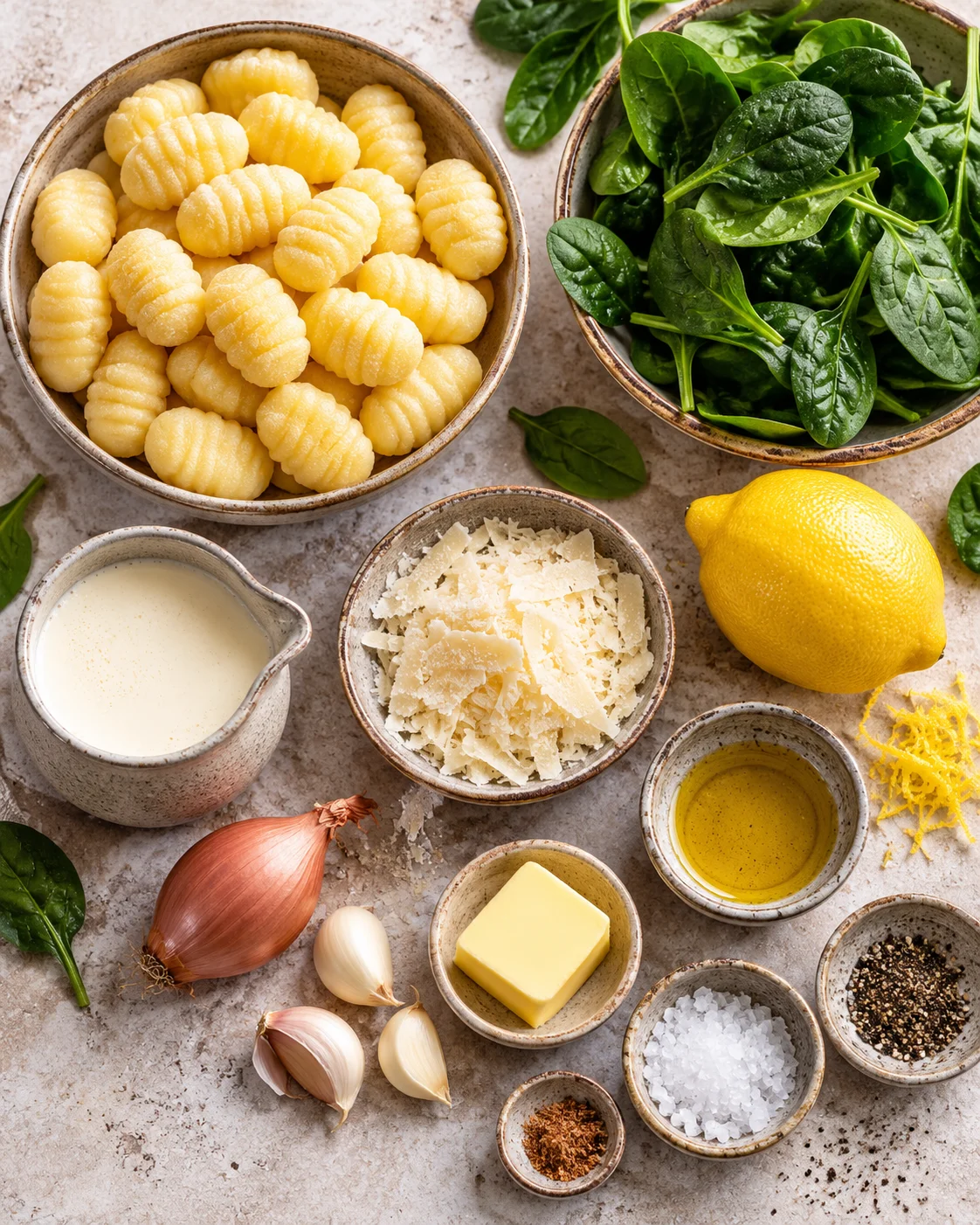 Gnocchi, Babyspinat, Zitrone, Parmesan, Schalotte, Knoblauch, Sahne, Olivenöl und Gewürze für die Gnocchi-Pfanne