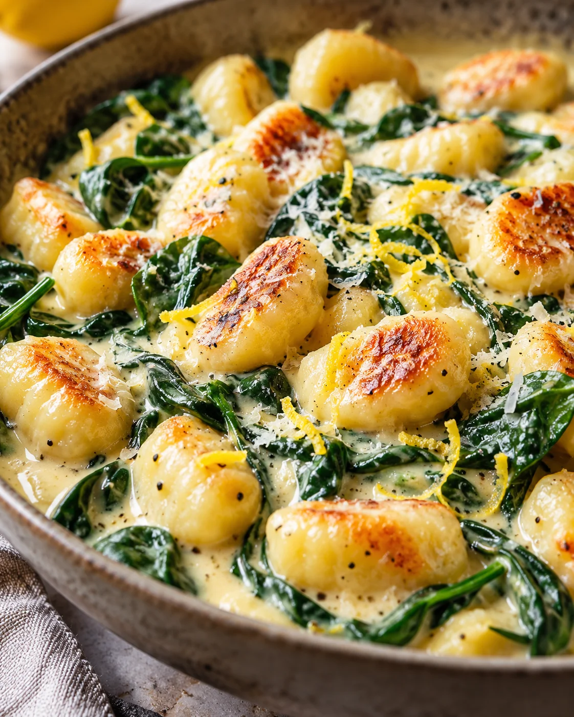 Goldbraun angebratene Gnocchi in cremiger Zitronensauce mit Babyspinat und Parmesan in einer Keramikschale