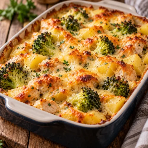Hähnchen-Brokkoli-Auflauf mit Kartoffeln und Käse fertig zubereitet in einer professionellen Nahaufnahme mit schlichtem Hintergrund