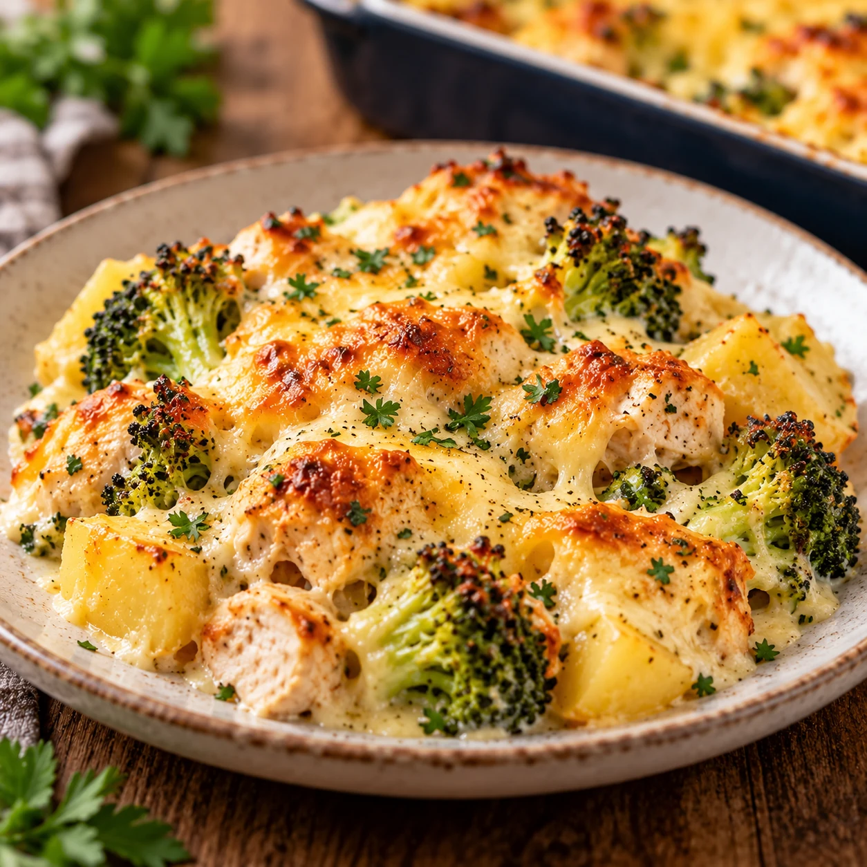 Hähnchen-Brokkoli-Auflauf mit Kartoffeln und Käse auf einem Teller serviert mit klar erkennbarem Rezeptbelag