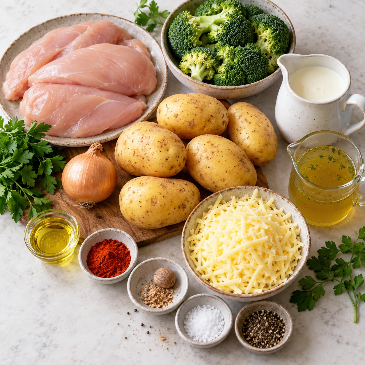 Zutaten für Hähnchen-Brokkoli-Auflauf mit Kartoffeln und Käse sorgfältig auf einer hellen Küchenfläche angeordnet