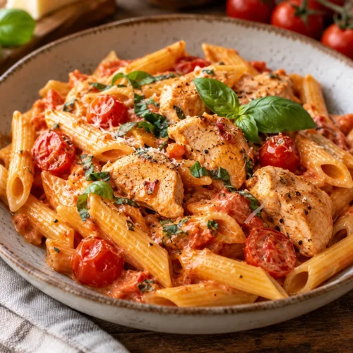 Hähnchen-Pasta mit Tomaten-Sahne-Soße fertig zubereitet in einer professionellen Nahaufnahme mit schlichtem Hintergrund